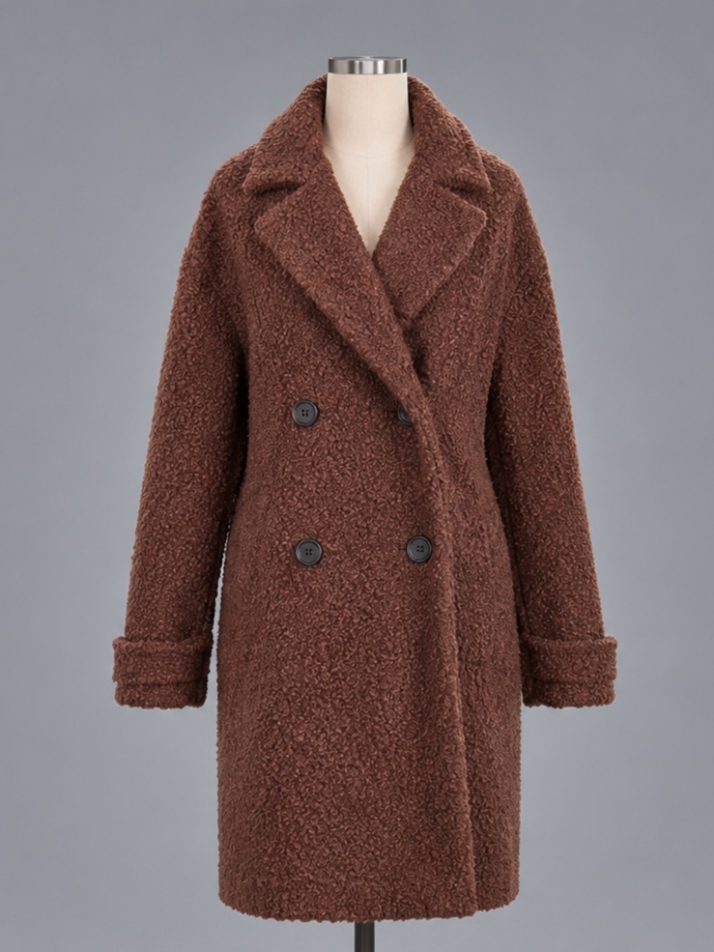Halogen Brown Teddy Bouclé Double Breasted Coat – Size XS